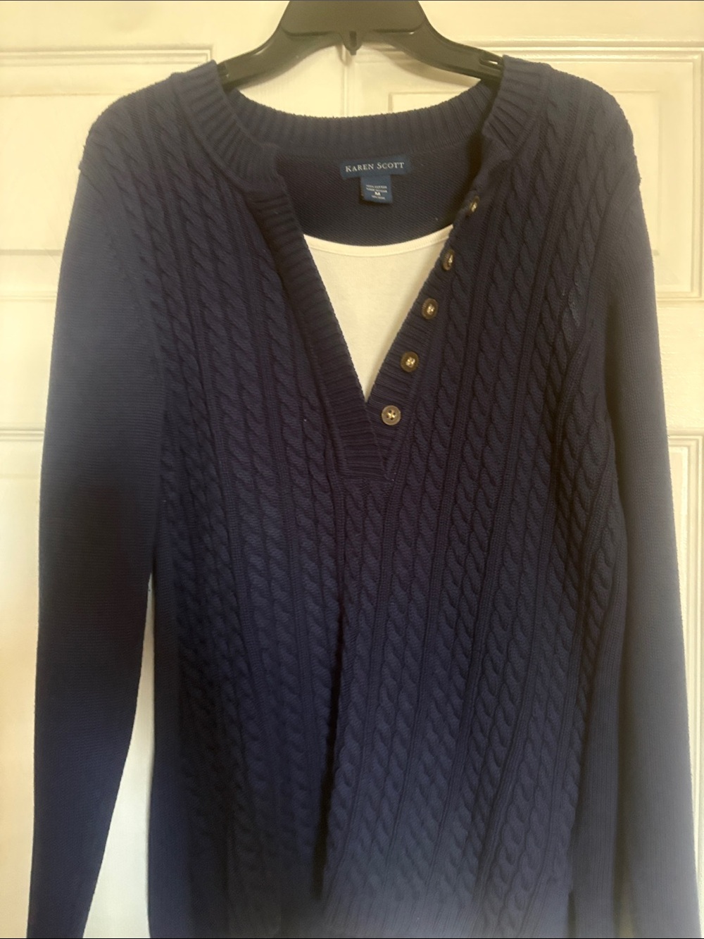 Karen Scott Navy Cable Knit V-Neck Button-Placket Sweater